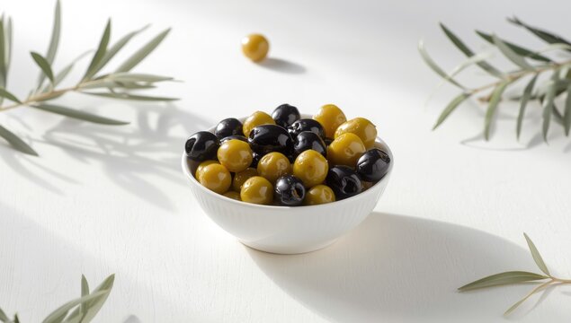 Black and green olives arranged in bowl on white surface, suitable for appetizer display