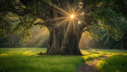 Burmese Ebony trees in a dense forest with sunlight flare, highlighting conservation importance