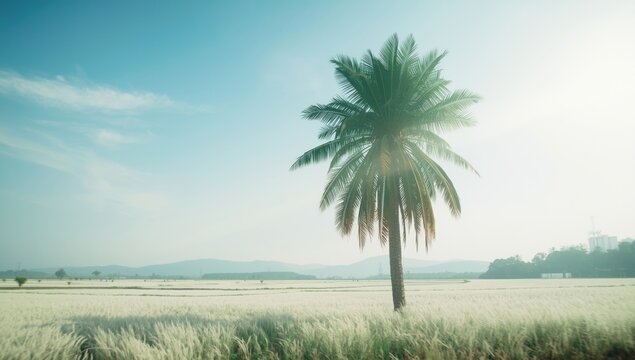 Borassus tree with open sky background, highlighting traditional countryside vegetation in Thailand