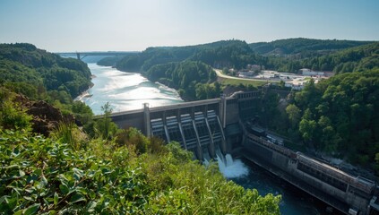 Fototapeta premium Dniester river hydroelectric dam, infrastructure for renewable energy, World Environment Day