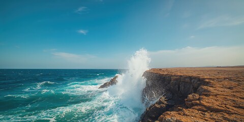 Seaside rocky shoreline battered by storm waves, highlighting coastal erosion and summer beach landscape