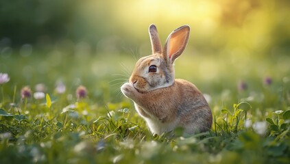Fototapeta premium Rabbit sitting in grass with foot near mouth, focus on animal grooming and hygiene, wildlife scene