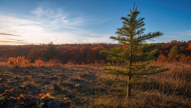 Small pine sapling illuminated by morning rays during fall in New Hampshire, seasonal transition - Powered by Adobe