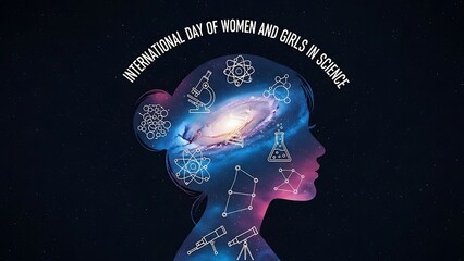 International day of women and girls in science concept with human head and galaxy
