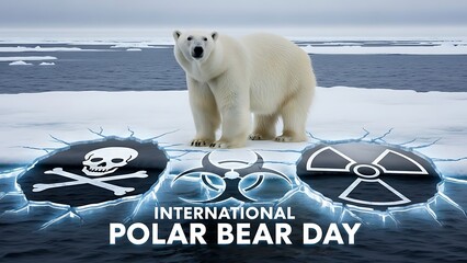 Polar bear standing on ice with international polar bear day symbols and text
