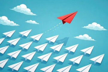 Isometric red paper plane flying over many white planes against a turquoise sky symbolizing bravery teamwork and leadership