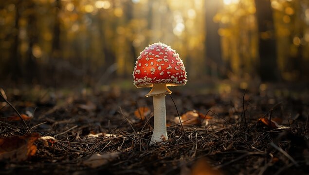 Autumn forest scene with a large red mushroom, highlighting natural earth materials and seasonal foliage