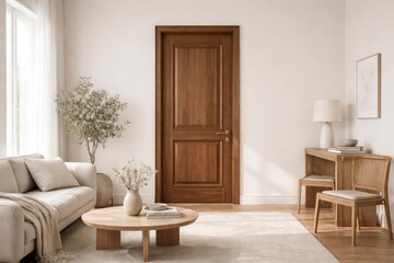Fototapeta premium Minimalist styled room featuring a closed wooden door with fine craftsmanship and natural daylight complemented by tasteful furniture
