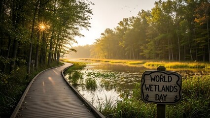 A winding brick pathway through a serene wetland on world wetlands day with a sign in the foreground
