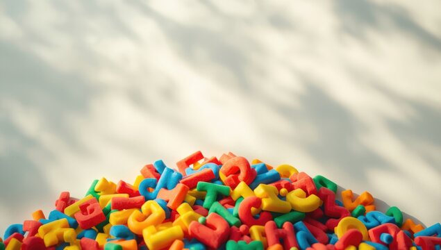 Sponge rubber alphabet letters and numbers scattered randomly, serving as a tactile learning aid for young children - Powered by Adobe