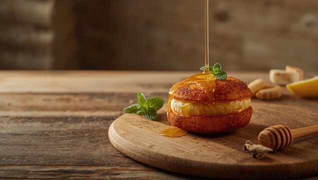 Seada, deep-fried sweet from Sardinia with pecorino cheese and honey glaze, regional European gastronomy, cultural food tradition