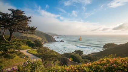 Scenic park along a rugged coast with towering trees and crashing waves, ideal for editorial backgrounds, Earth Day