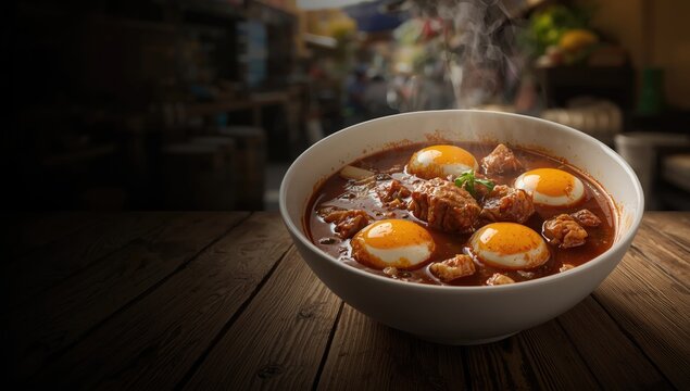 Stewed pork and eggs in gravy on rustic wooden table, highlighting home-cooked meal