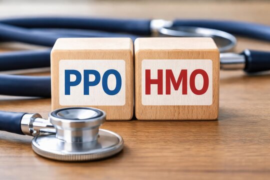 Close up of healthcare PPO and HMO blocks with a stethoscope