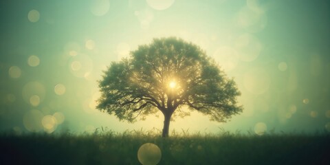 Blurred vintage light bokeh on leafy green background, suitable for background or layout design