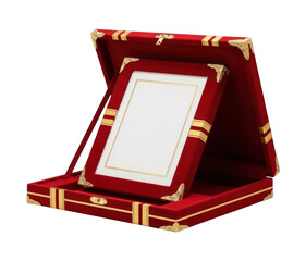 Vertical orientation luxury red velvet case holding tilted presentation frame