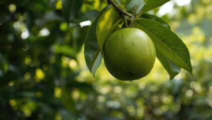 Fresh green pomelo attached to a branch with vibrant foliage, highlighting fruit maturation and harvest readiness