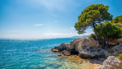 Coastal pine trees on rocky shore with blue sea and sky, summer travel and nature scene