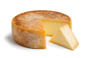 Delicious cheese wheel with a slice removed, showcasing smooth texture and rich color