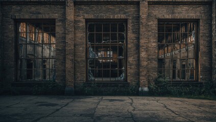 Fototapeta premium Old abandoned building with peeling paint and broken windows, emphasizing urban decay