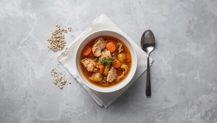 Serving of nutritious turkey soup in a bowl on a grey background highlighting meal preparation, food, table, space, healthy, top view, World Food Day