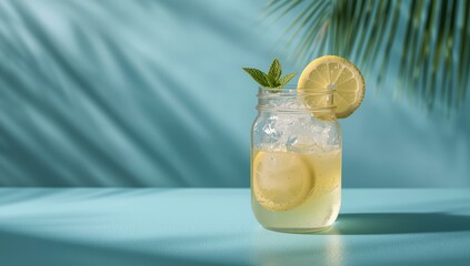 Refreshing lemonade in a glass on a vibrant blue backdrop, summer beverage presentation