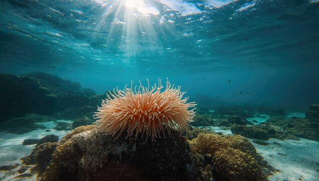 Marine life scene featuring a sea anemone in a tidal pool, highlighting coastal ecosystems