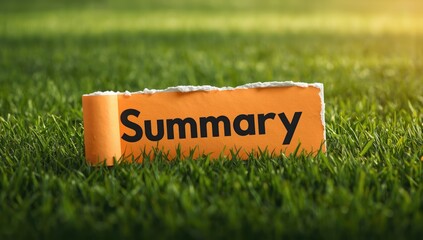 Orange paper with torn edges placed on green grass, suitable for conceptual summary designs