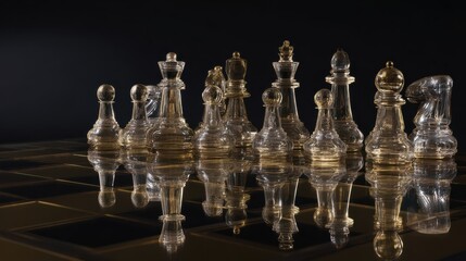 closeup of a luxurious chess set with transparent glass pieces elegantly placed on a sleek board the pieces catch and reflect light adding a touch of sophistication and creating a captivating ambianc