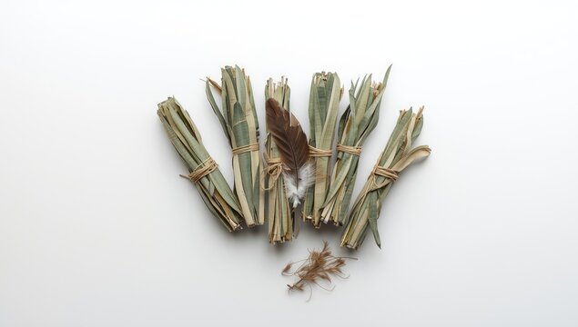 Overhead shot of sage smudge bundles arranged for purification ceremonies, emphasizing natural materials and ritual use