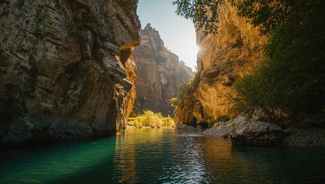 A view of Avakas Gorge in Cyprus with steep rock formations and dense vegetation, erosion processes in a protected area