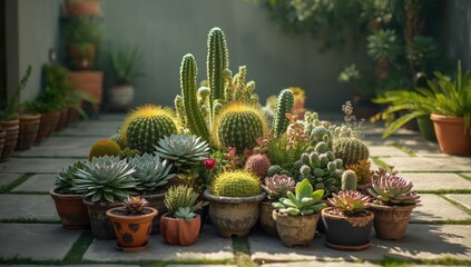 Colorful collection of succulents in pots set on a patio surface, highlighting container gardening techniques