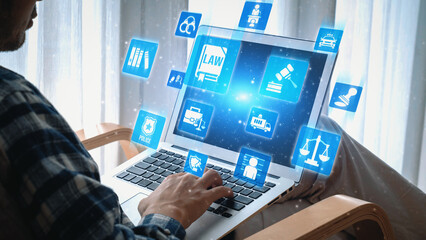 Law icons illustrate justice, court, and regulation system. Law represents fairness, law supports...