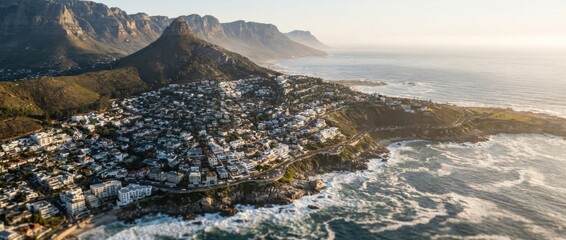 Dense coastal town with white houses sits at the foot of a majestic mountain range by the ocean during a beautiful hazy sunrise, captured from an aerial perspective