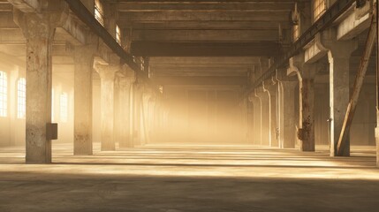 abandoned industrial warehouse with rusty metal beams and still machinery in mist