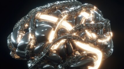 a futuristic metallic brain with illuminated pathways symbolizing advanced technology and innovation