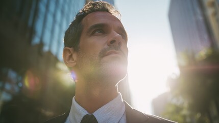 a corporate executive using advanced technology to review a digital projection of business objectives for the upcoming year with a focus on progress and strategy set against an urban backdrop