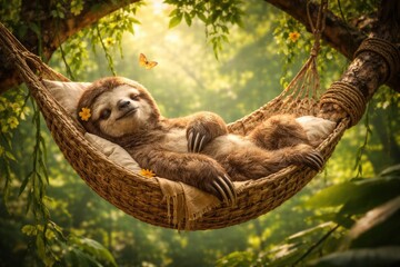 Obraz premium Amusing sloth enjoying a calm nap on a tree branch hammock