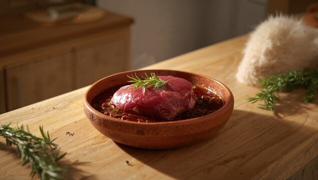 Uncooked argali meat in sauce set for oven cooking, highlighting preparation steps