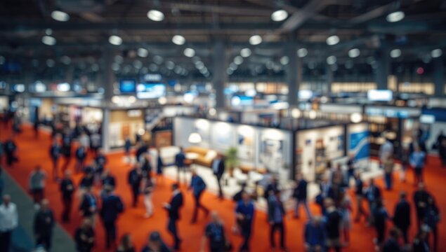 Blurred view of a public expo event within a contemporary exhibition space focusing on MICE industrial business, furniture and decor showcase
