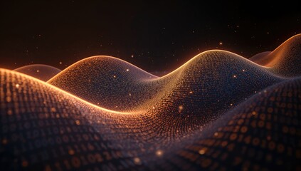 Digital code stream moving across a virtual landscape, illustrating data processing and cybersecurity focus