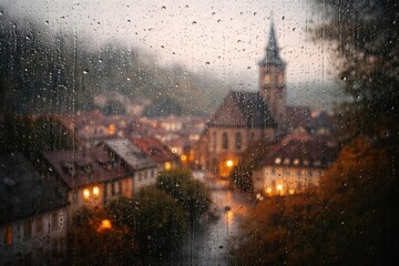 Obscured townscape visible through rain splattered window glass