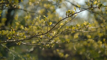 Detail of platanus hispanica branches with new leaves in Murcia, highlighting early spring growth