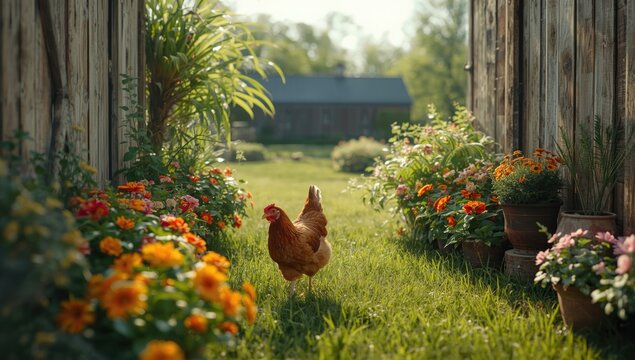 A hen pecking at the ground among vibrant flowers in a rural outdoor environment, focusing on free-range activity