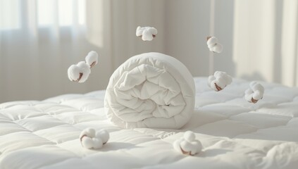 White bedspread with a rolled blanket in a bedroom, highlighting sleep environment organization