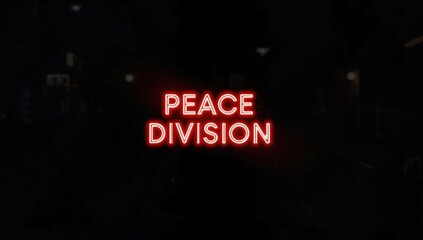 Bright neon peace sign with division symbol against dark background, ideal for urban decor or advertising