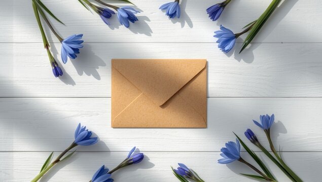Valentine's Day love letter in a craft paper envelope with blue muscari flowers, set on a white wood background, highlighting floral stationery - Powered by Adobe