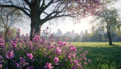 Fototapeta premium Colorful flowers in foreground with city skyline in the distance, ideal for urban floral design,