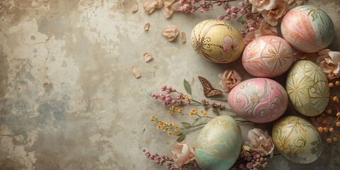 Obraz premium Colorful painted eggs arranged on an antique surface for spring celebrations, ideal as a background for seasonal messages or festive design