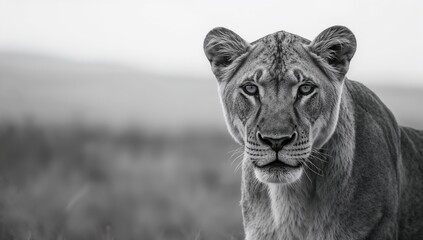 Obraz premium Close-up of a lioness's eye in monochrome in the Masai Mara, highlighting animal monitoring activities